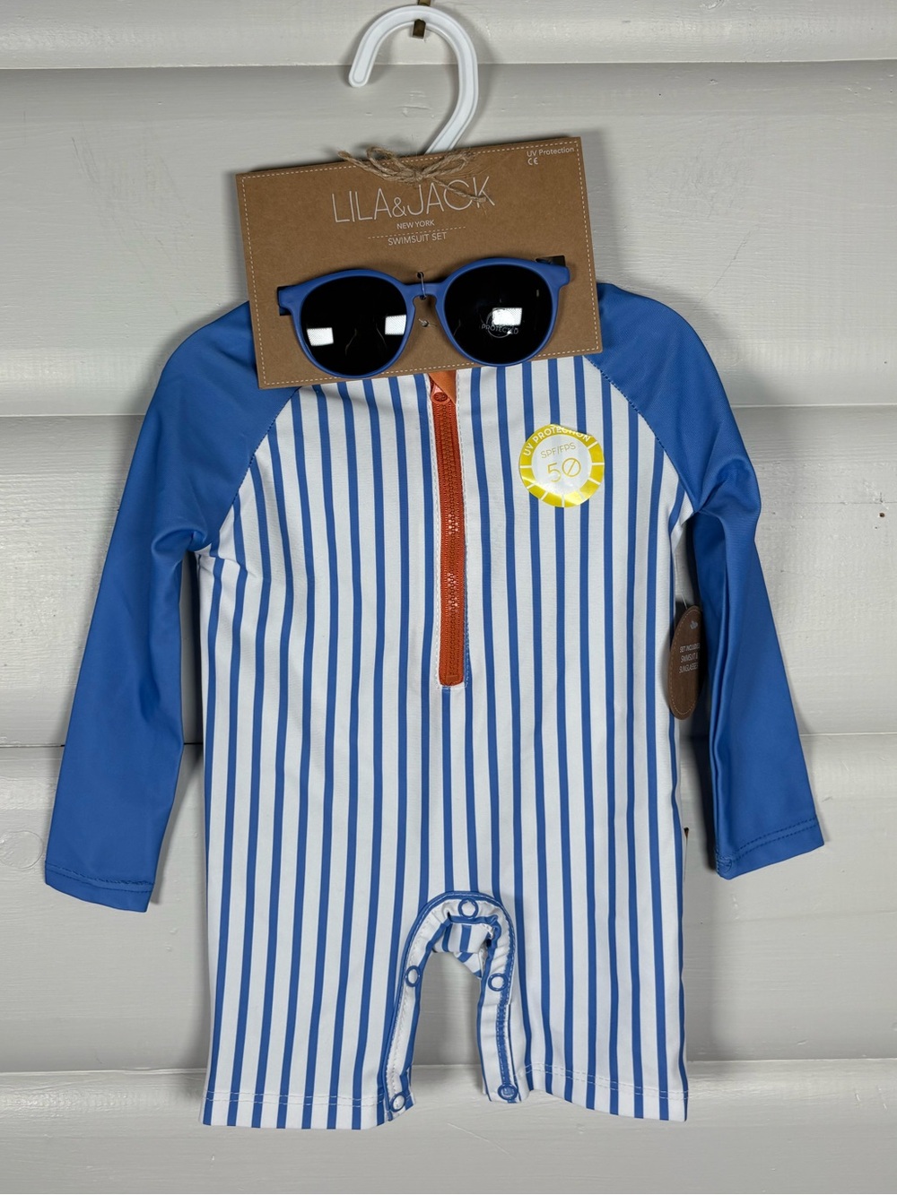 NWT Lila & Jack Kids Blue Stripe One Piece Rashguard Swimsuit Sunglasses
